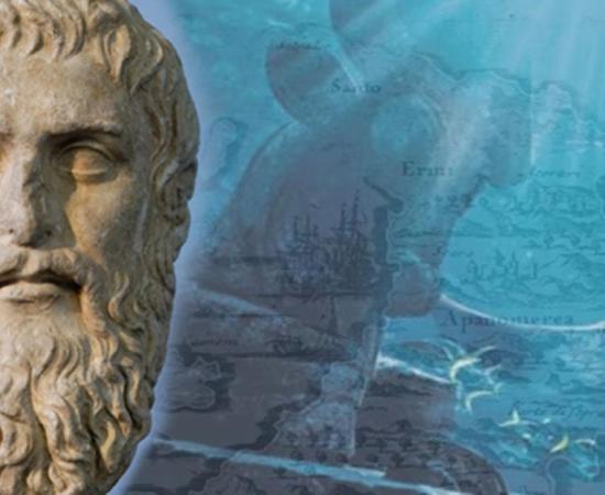 Deriv; Bust of Plato, map of Santorini, 1703, underwater ruin.