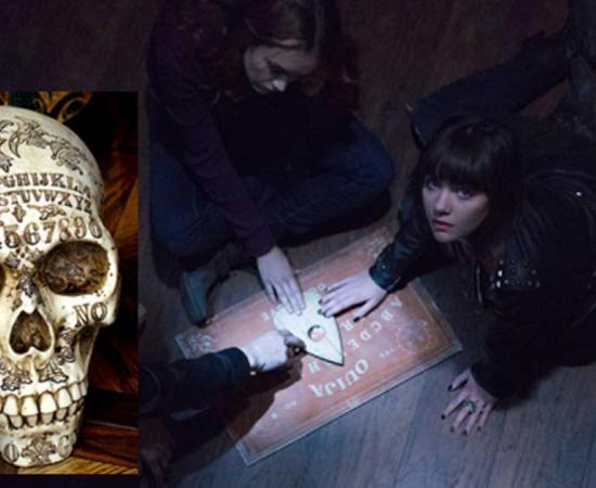 Trailer for Ouija Movie. (BagoGames/CC BY 2.0) Insert: Ouija board on your skull: noe valley, san francisco (2015).