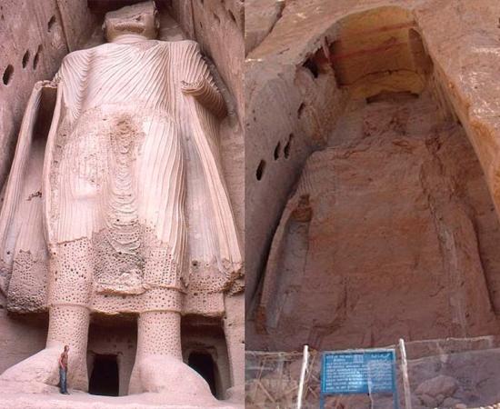 Smaller Buddha of Bamiyan, before and after destruction. (Minahatithan / CC BY-SA 4.0)
