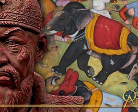 Bust of Timur ( CC BY-SA 3.0 ), and Timur defeats the Sultan of Delhi 