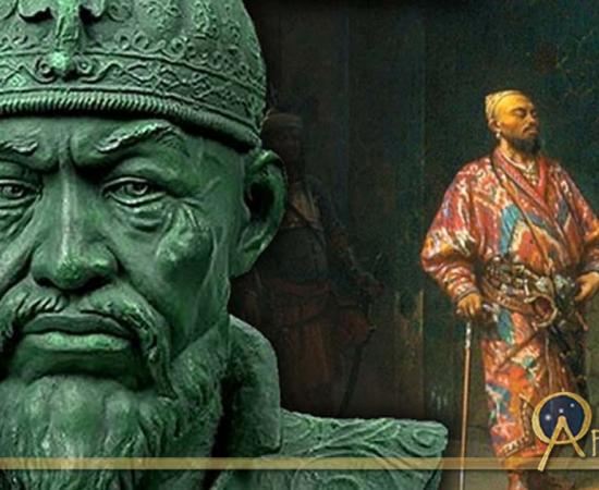 Bust of Timur ( CC BY-SA 3.0 ), and Timur standing with cane (Public Domain)