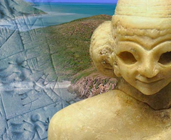 Plate 1: Australian eastern seaboard (Google Earth), statue of a Sumerian woman c. 2400 BC