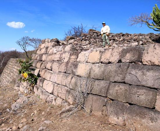 A view of the great megalithic walls surrounding the Acropolis of Chimalacatlan. Some of the stones measure over 3 meters long, with an estimated weight of between 5 to 8 tons.