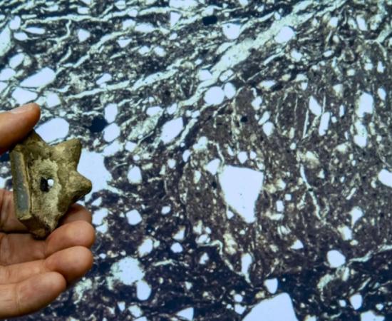 A piece of ancient Mississippian pottery with focus scan imagery.