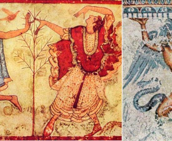 Right; Dancers in a fresco in the Etruscan Tomb of the Triclinium, Left; Tarchon mosaic, Tarquinia, Lazio, Italy.  Source: Left; Public Domain, Right; Public Domain 