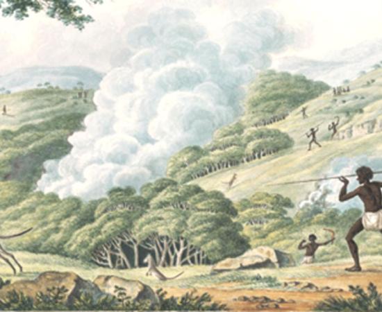 Aborigines using fire to hunt kangaroos by Joseph Lycett (ca. 1817)  Source: The Conversation / National Library of Australia