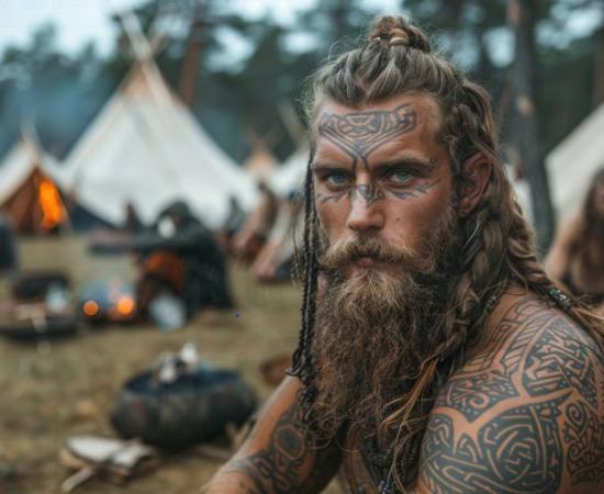 Tattooed Viking man in traditional attire within a historical encampment scene, AI generated.	 Source: Larisa AI/Adobe Stock