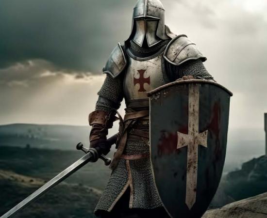 Fully armored Templar knight in a rugged landscape with church tower in the background  	Source: iridescentstreet/Adobe Stock