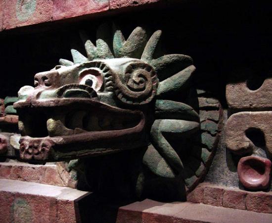 Part of the facade of the Temple of the Feathered Serpent of Teotihuacán, now at the Mexican National Museum of Anthropology; eagles and rattlesnakes were among the animals kept and/or sacrificed at the ancient city. 