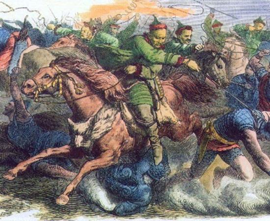 Huns in battle with the Alans, 1870s engraving after a drawing by Johann Nepomuk Geiger (1805-1880) 