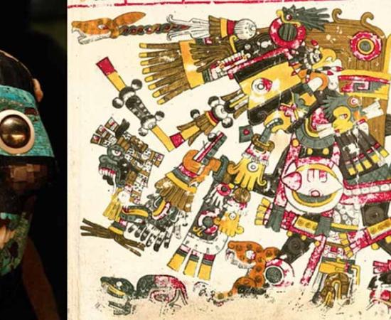 Left; A turquoise mask representing the god Tezcatlipoca.  Right;Tezcatlipoca with all 20-day signs, symbolizing the divine calendar. Source: Left; CC BY-SA 2.5, Right; Public Domain