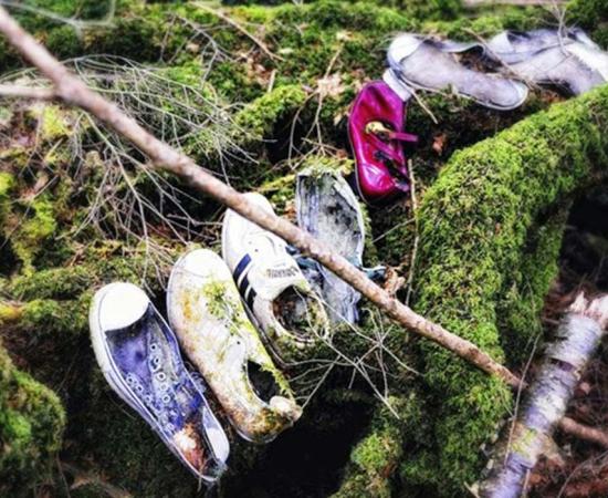 A collection of shoes, presumably from those who have taken their lives, inside Aokigahara forest.