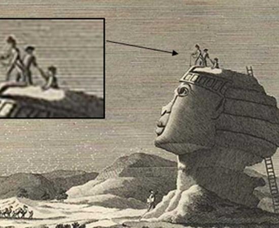 Vivant Denon’s sketch of the sphinx in 1798 depicts a man being pulled out of a hole in the sphinx’s head