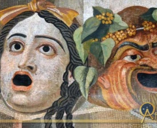 Theatrical masks of Tragedy and Comedy. Mosaic, Roman artwork, 2nd century CE. Capitoline Museums, Rome, Italy 