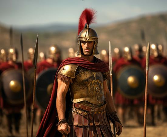 AI generated Roman centurion leading a legion of soldiers in a military formation. 