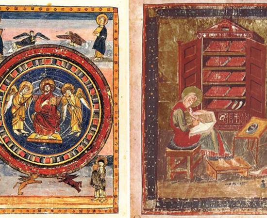 Maiestas Domini page from Codex Amiatinus (fol. 796v), Firenze, Biblioteca Medicea Laurenziana and folio 5r from the Codex Amiatinus (Florence, Biblioteca Medicea Laurenziana, MS Amiatinus 1), Ezra the scribe. "When the sacred books had been consumed in the fires of war, Ezra repaired the damage." 