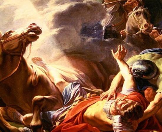 Detail, The Conversion of St. Paul. Paul and companions are knocked to the ground during the profound event.