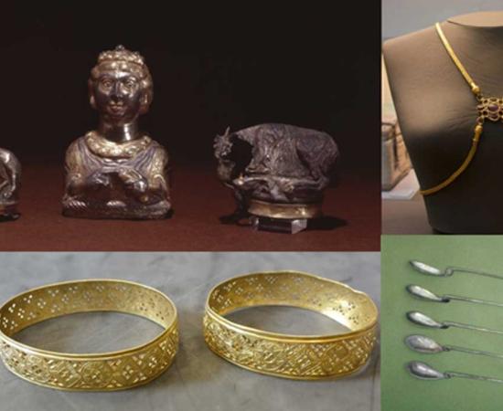 Three silver-gilt Roman piperatoria or pepper pots (CC BY NC SA 4.0), a gold body chain (Mike Peel/CC BY SA 4.0), toiletry items (Fæ/CC BY SA 3.0), two gold bracelets (Fæ/CC BY SA 3.0), and spoons (CC BY NC SA 4.0) found in the Hoxne hoard.