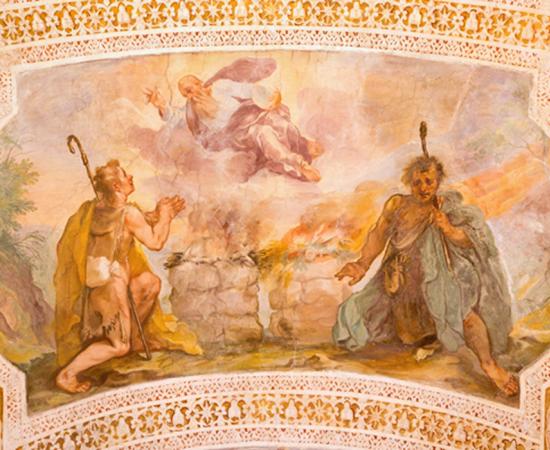 Sacrifices of Cain and Abel. Fresco from Chiesa di San Lorenzo in Palatio ad Sancta Sanctorum, Rome. 