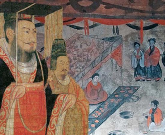 Liu Xiu, Emperor Guangwu of Han, Liu Heng, Emperor Wen of Han, or Cao Pi, King of Wei. (Public Domain) Background: Dahuting tomb banquet scene, mural detail, Eastern Han Dynasty. (Public Domain)