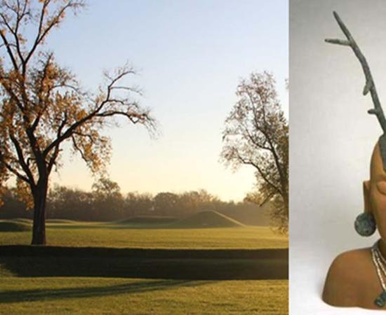 An early morning view of the Mound City Group. (NPS Photo / Tom Engberg) Hopewell copper antler headdress on a mannequin. (University of Nebraska Lincoln/CC BY NC 4.0)