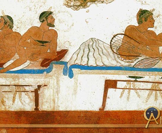 Pederastic couples at a symposium, as depicted on a tomb fresco from the Greek colony of Paestum in Italy. 