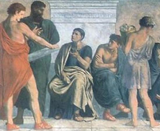 Aristotle's School, a painting from the 1880s by Gustav Adolph Spangenberg.