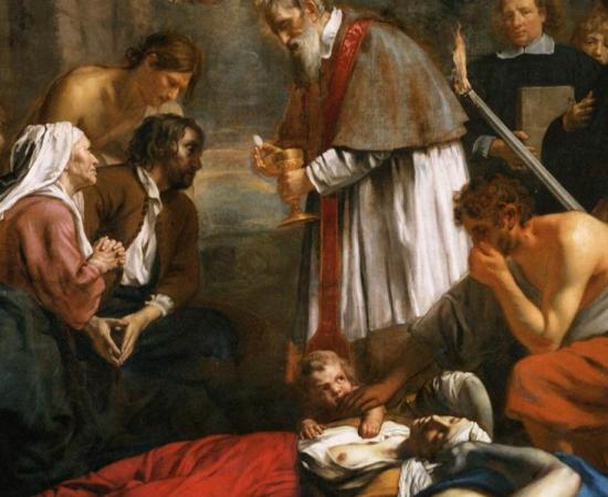St Macarius of Ghent Giving Aid to the Plague Victims, 1673 painting by Jacob van Oost
