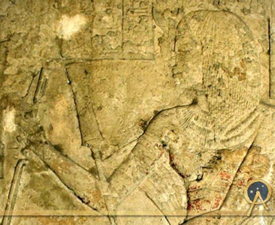 Painted limestone relief from the Memphite tomb of Horemheb shows him with the uraeus on his brow; it was added after he became pharaoh; design by Anand Balaji