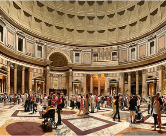 Panoramic view of the Pantheon in Rome.	