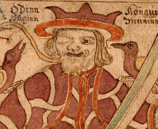 The one-eyed Odin with his ravens Hugin and Munin and his weapons. An illustration from an 18th-century Icelandic manuscript. 