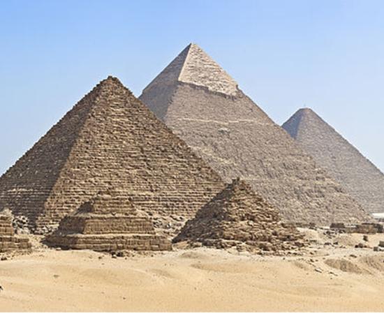 The three main Egyptian pyramids at Giza, together with subsidiary pyramids and the remains of other ancient structures