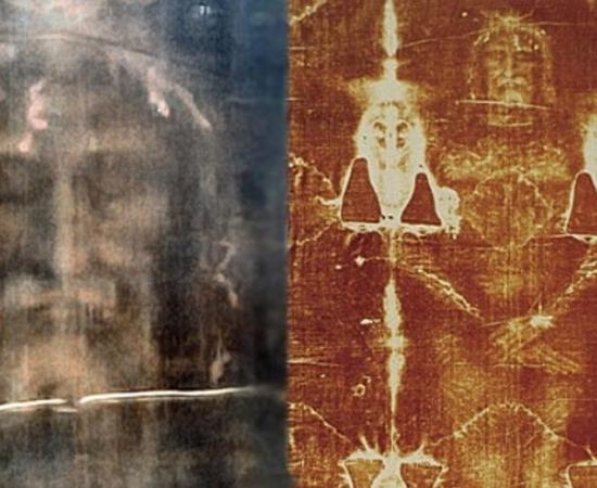 The Shroud of Turin: modern, digitally processed image of the face on the cloth [left] and the full body image as seen on the shroud [right].