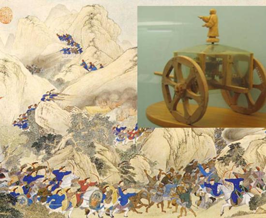  Main: A scene of the Qing dynasty campaign against the Miao (Hunan) 1795 (public domain). Inset: Model of a Chinese South Pointing Chariot, an early navigational device using a differential gear. 