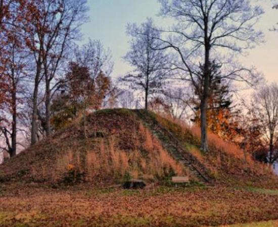 Example of an Adena mound in Mound Cemetery at Marietta Ohio. Unfortunately the Spearhead Mound was destroyed in 1940 for gravel operations.