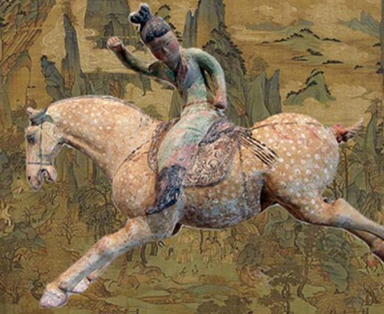 A ceramic female polo player, from northern China, Tang Dynasty, first half of the 8th century, made with white slip and polychrome. From the Musée Guimet (Guimet Museum), Paris. (Public Domain) Background: ‘Xuanzong's Journey to Shu’, in the manner of the mid-8th century Tang artist Li Zhaodao, an 11th-century Song dynasty remake.