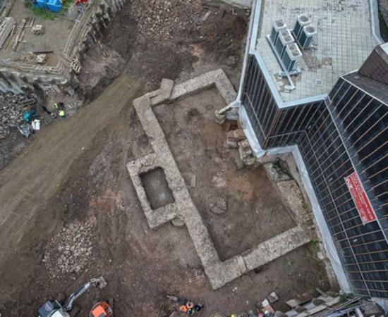 Aerial view of the ruins of a Roman library found in Cologne, Germany. 