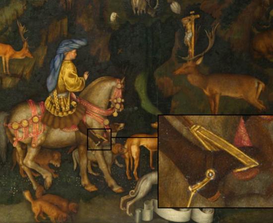 The Vision of Saint Eustace, Pisanello, 1438–1442. Rider wearing high heels.