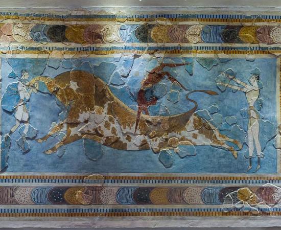 The bull-leaping fresco of Knossos palace, in Crete, Greece, dated to about 1600 to 1450 BC. The bull was an important animal in Minoan religion and closely related to the great goddess the Cretans worshiped.