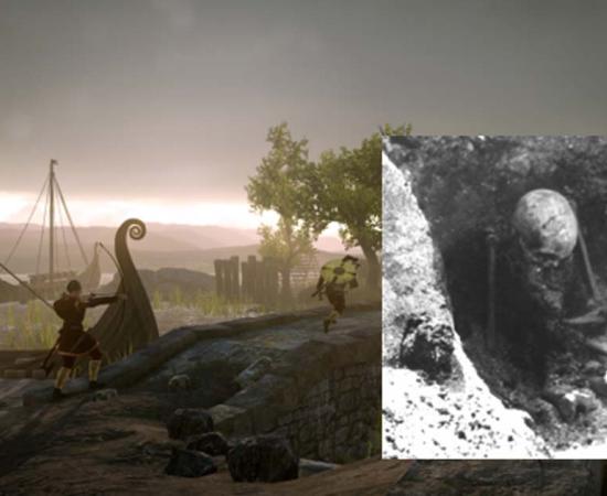 Main image: Screen of Gameplay of the video game War of the Vikings (public domain). Inset: One of the skeletons found in the Sandvika sitting graves, Central Norway (Photo: NTNU Museum of Natural History and Archaeology, 1965-66)