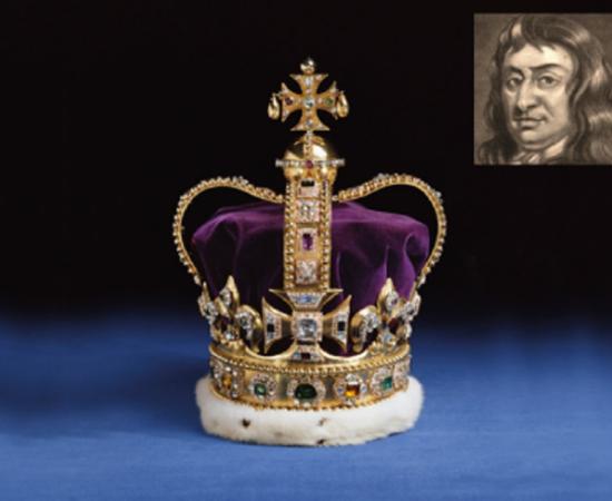 Main: The Crown Jewels. Credit: Historic Royal Palaces. Inset: An illustration of Thomas Blood. Photo source: Wikimedia.