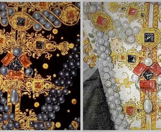 Detail of the "Three Brothers" jewel from two paintings of Elizabeth I, the "Ermine Portrait" and "Elizabeth I of England holding an olive branch"	Source: CC BY-SA 3.0