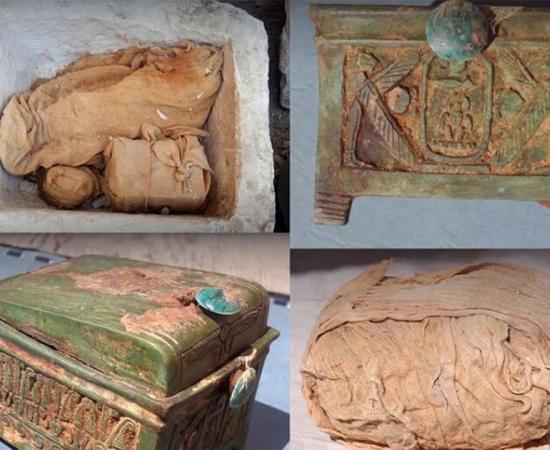 Several packages wrapped in linen canvas (top left and bottom right) were found inside the chest. One package contained a wooden box (bottom left and top right), which is evidence that Thutmose II’s lost tomb is nearby.        Source: Andrzej Niwiński / Warsaw University’s Institute of Archaeology