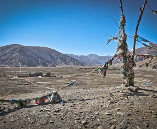 Prayer Flags on Tomb of Songtsen. View of Chongye Valley to the South from the Tomb.