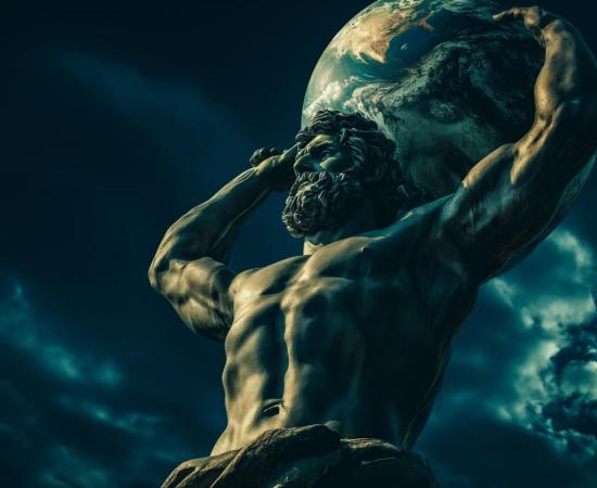 Ai generated image of a Titan or giant hurling a boulder.