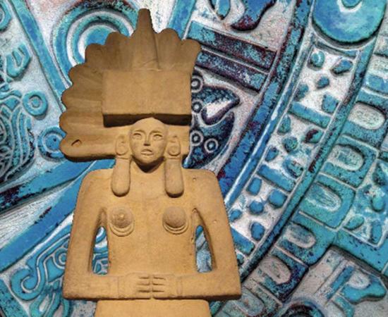 A Huastec Tlazolteotl statue, the British Museum. (The Trustees of the British Museum/CC BY NC SA 4.0) Background: Aztec iconography. (CC0)