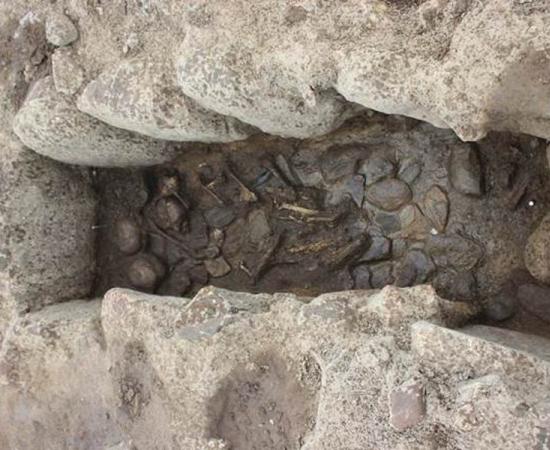 Rock coffin with four children's skeletons, including the dark black dagger in situ. Approximately 4000 years old. (Katrine Ipsen Kjær / ROMU)