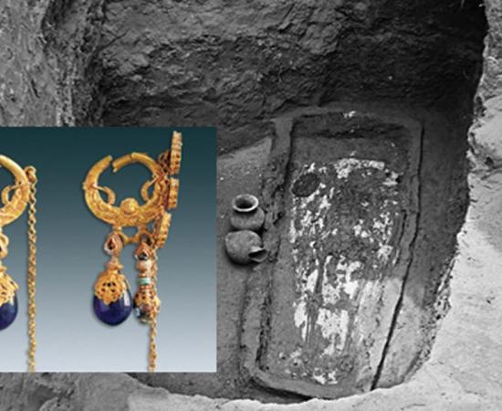 Main: 1,500-year-old tomb holding the coffin and skeleton of a woman named Farong, in Datong City, China. Inset: Two gold earrings were found beside Farong's skull in Datong City, China.
