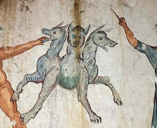 Fresco in Tomb of Cerberus discovered near Naples. Source: Soprintendenza Archeologia Belle Arti e Paesaggio per l’Area Metropolitana di Napoli