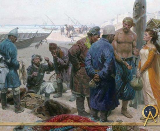 A Viking offers a slave girl to a Persian merchant.